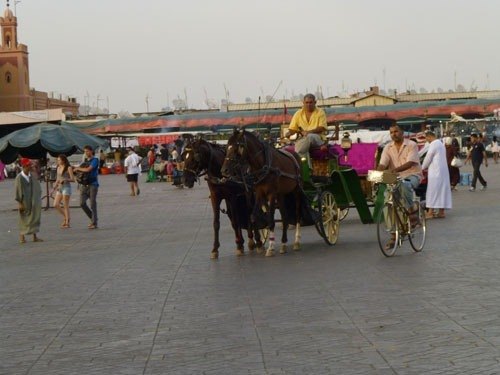Une calèche à Marrakech : un moyen de transport traditionnel encore employé dans la vieille ville de Marrakech.
